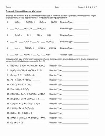 Types Of Reactions Worksheet Fresh Types Reactions Worksheet
