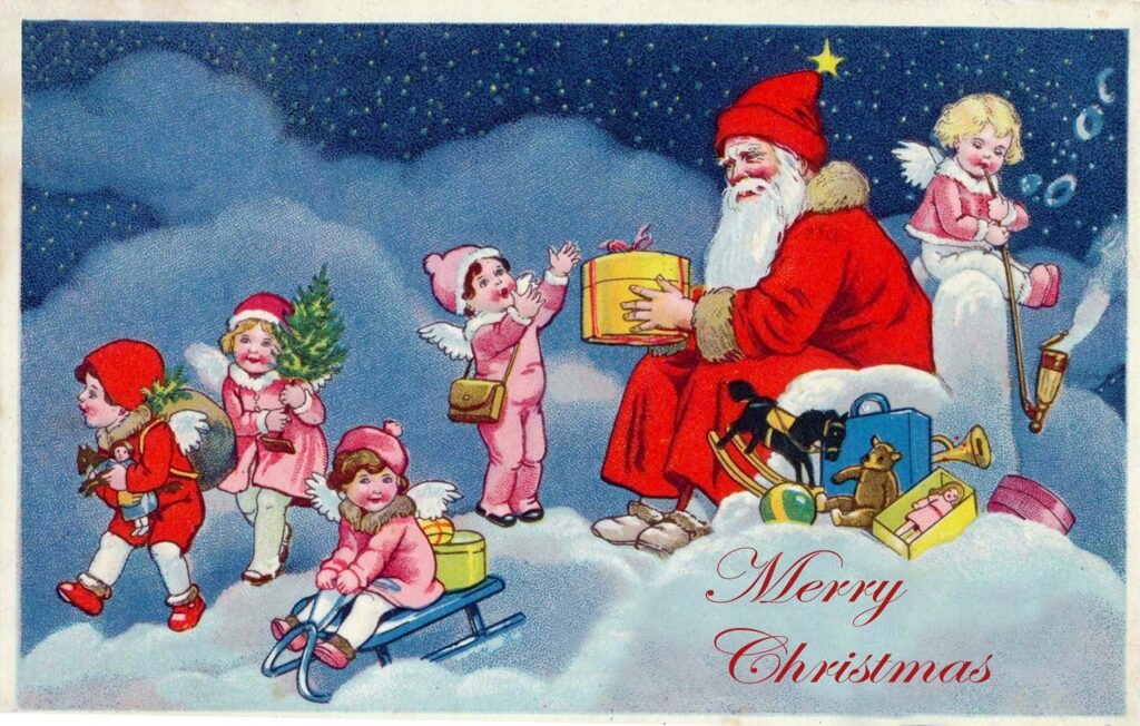 Vintage Christmas card angels Santa Free Printable Greeting Cards