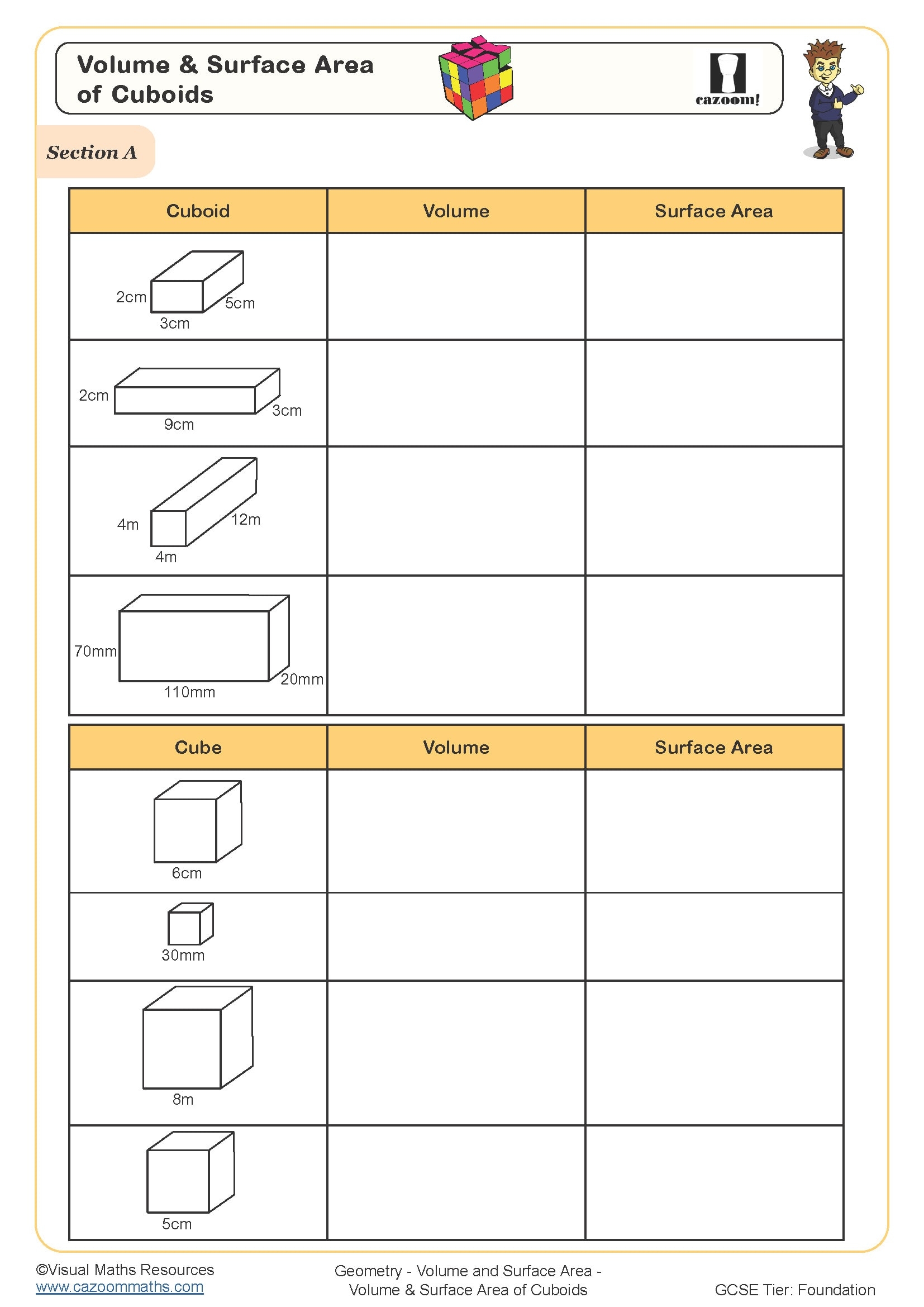 surface area worksheet