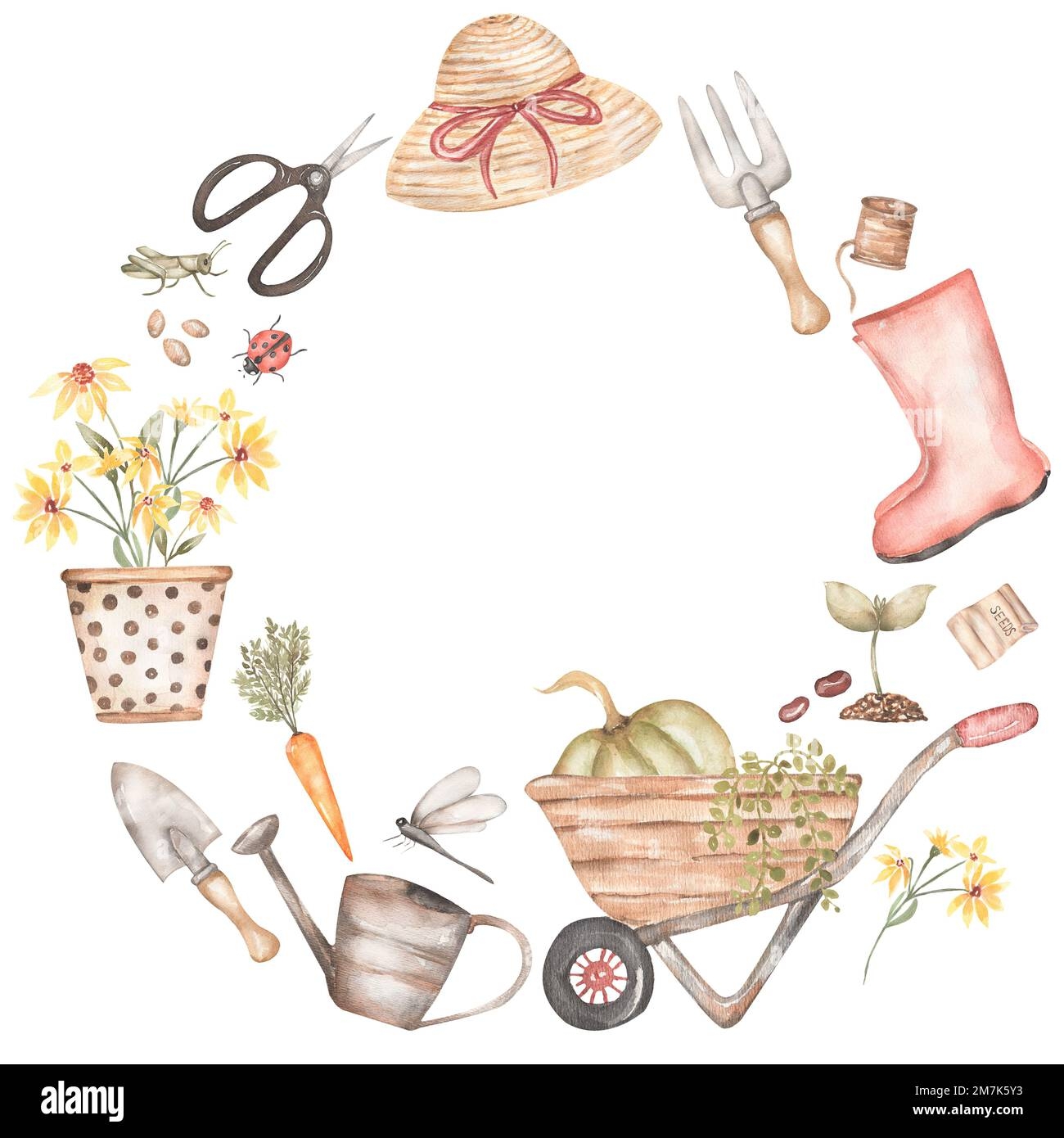 Watercolor Hand Drawn Gardening Frame Clipart Garden Tools Clip Art 