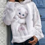 White Fashion Cat Print Hooded Long sleeve Sweatshirt Long Sleeve