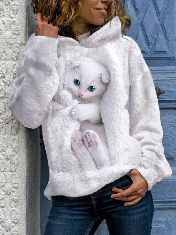 White Fashion Cat Print Hooded Long sleeve Sweatshirt Long Sleeve