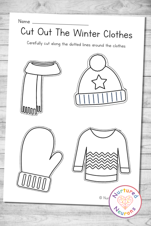 Winter Clothes Cutting Practice Worksheet Printable PDF 