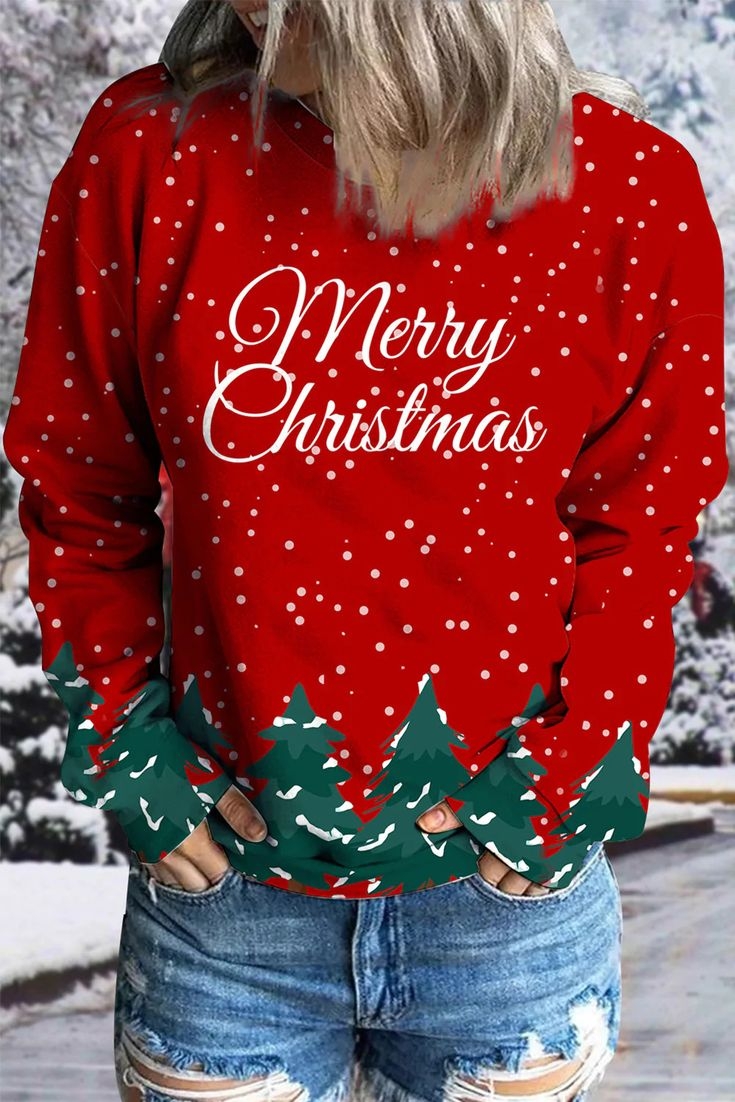 Women 39 s Christmas Tree Print Long Sleeve Top Types Of Sleeves Plus 