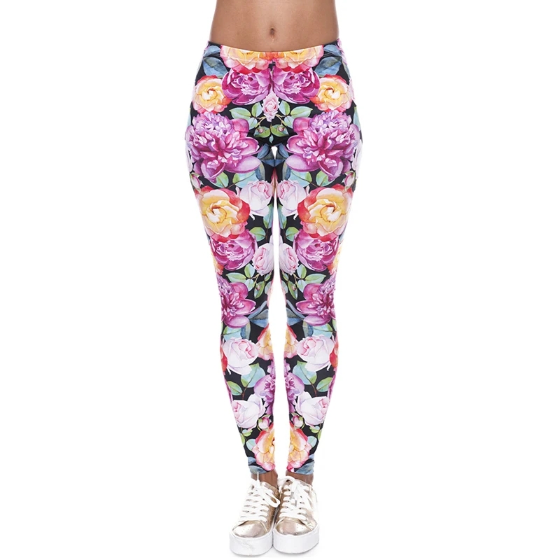 Women Fashion Vintage Flower Orange And Pink Roses Leggings Lady Casual 