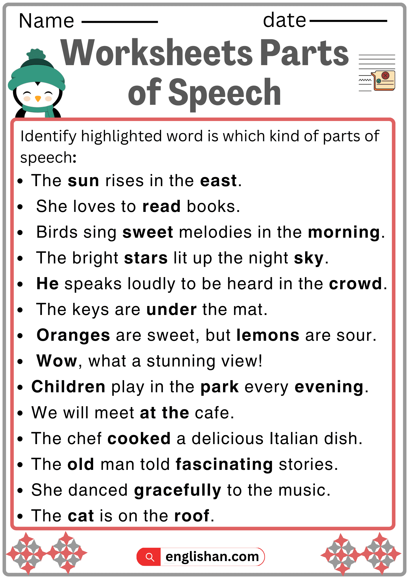 parts of speech worksheet