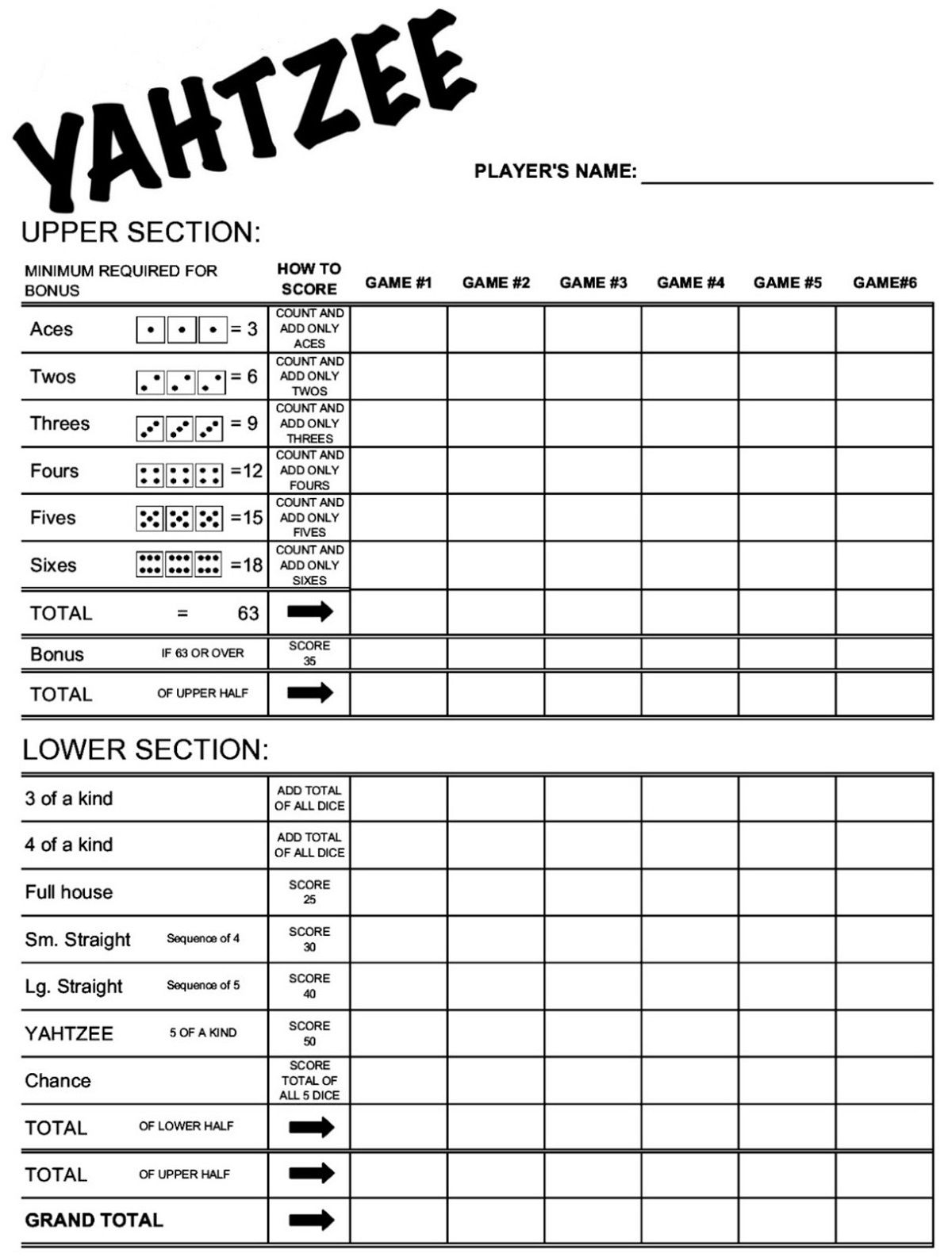 Yahtzee Printable Game Sheets