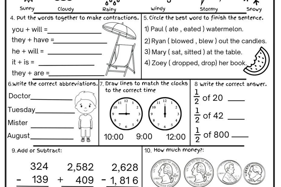 2nd Grade Summer Review Worksheets Math Language digital Download Etsy