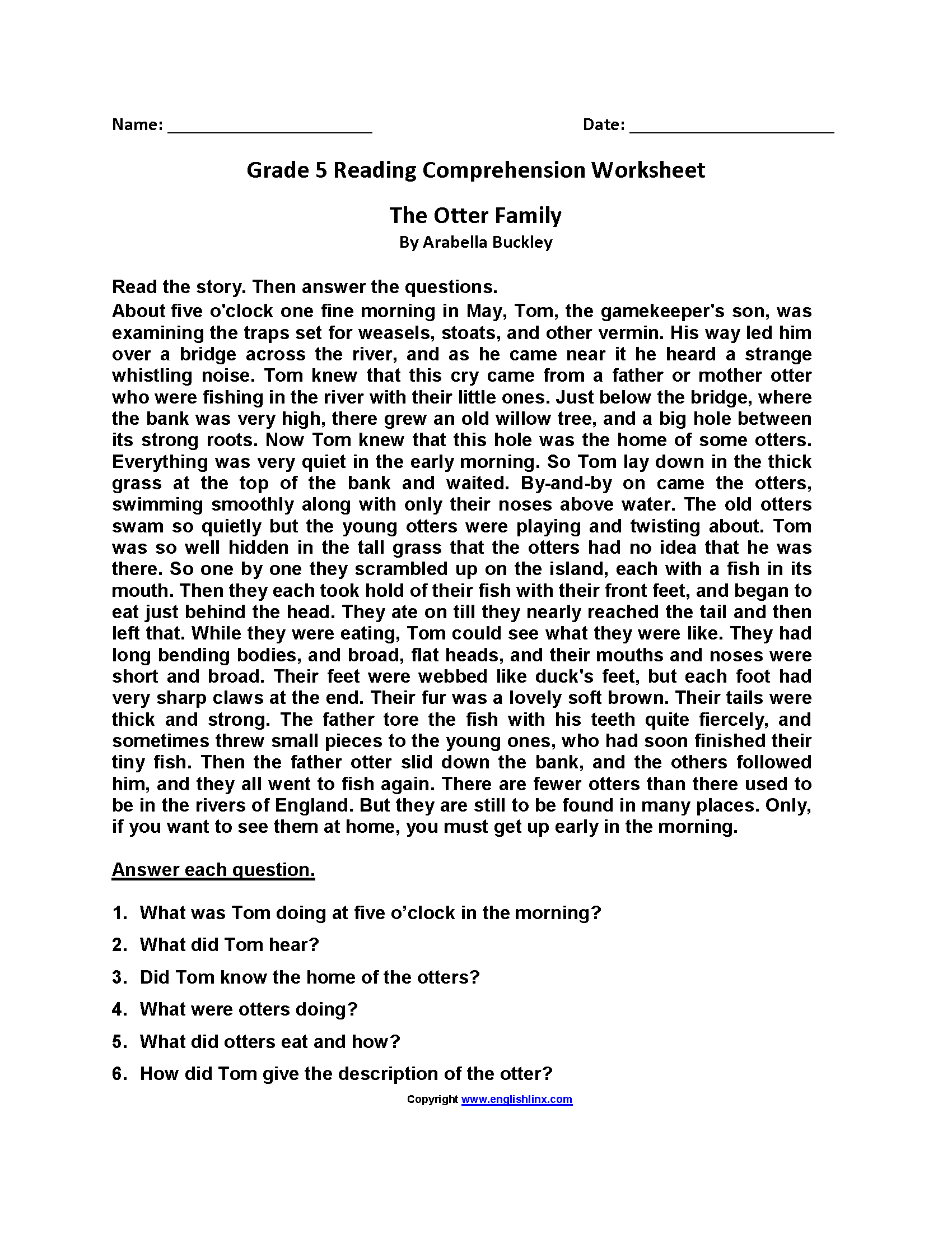 5th Grade Reading Comprehension Worksheets Free PDF 5th Grade Reading Comprehension Worksheets Free PDF