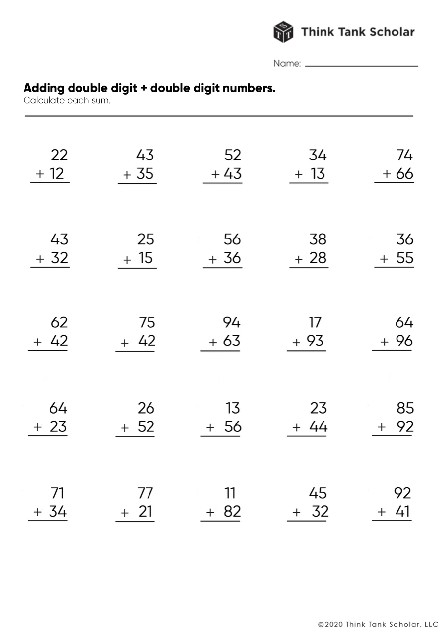 Addition Worksheets Exercises Printable PDF FREE Think Tank Scholar