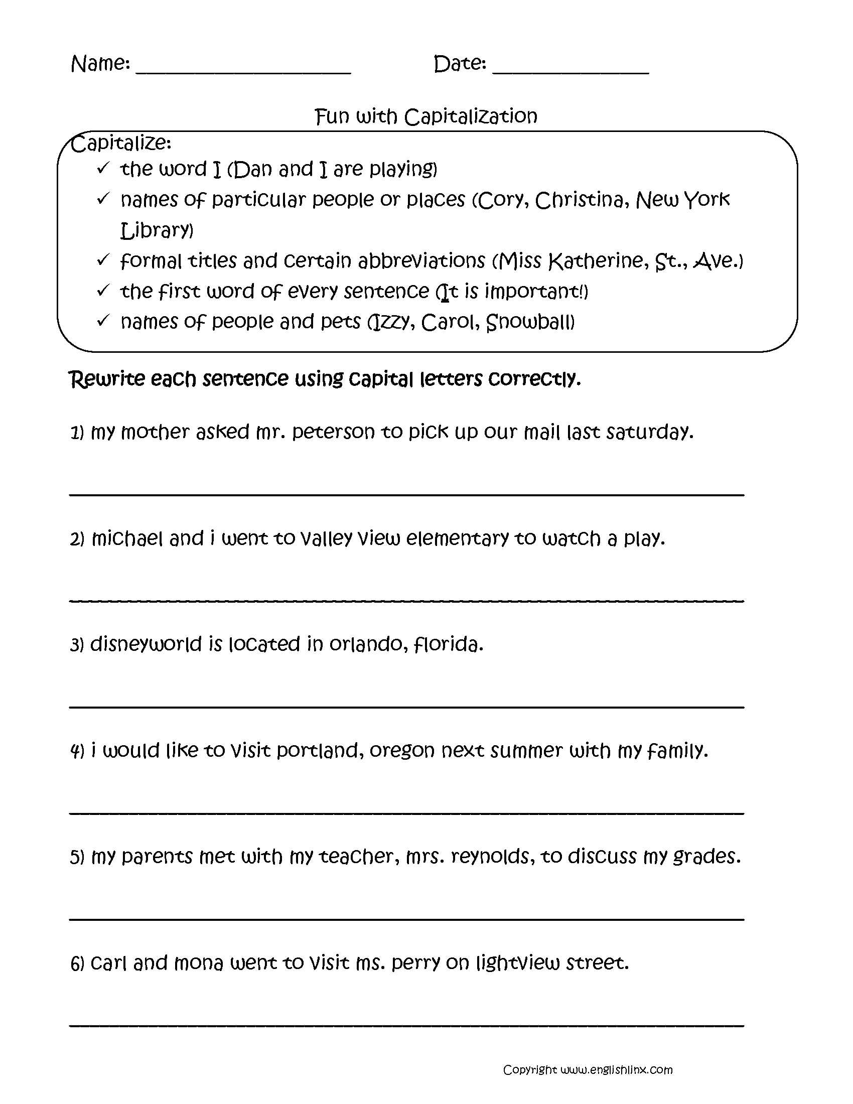 Capitalization Worksheets Free Printable Grammar Practice