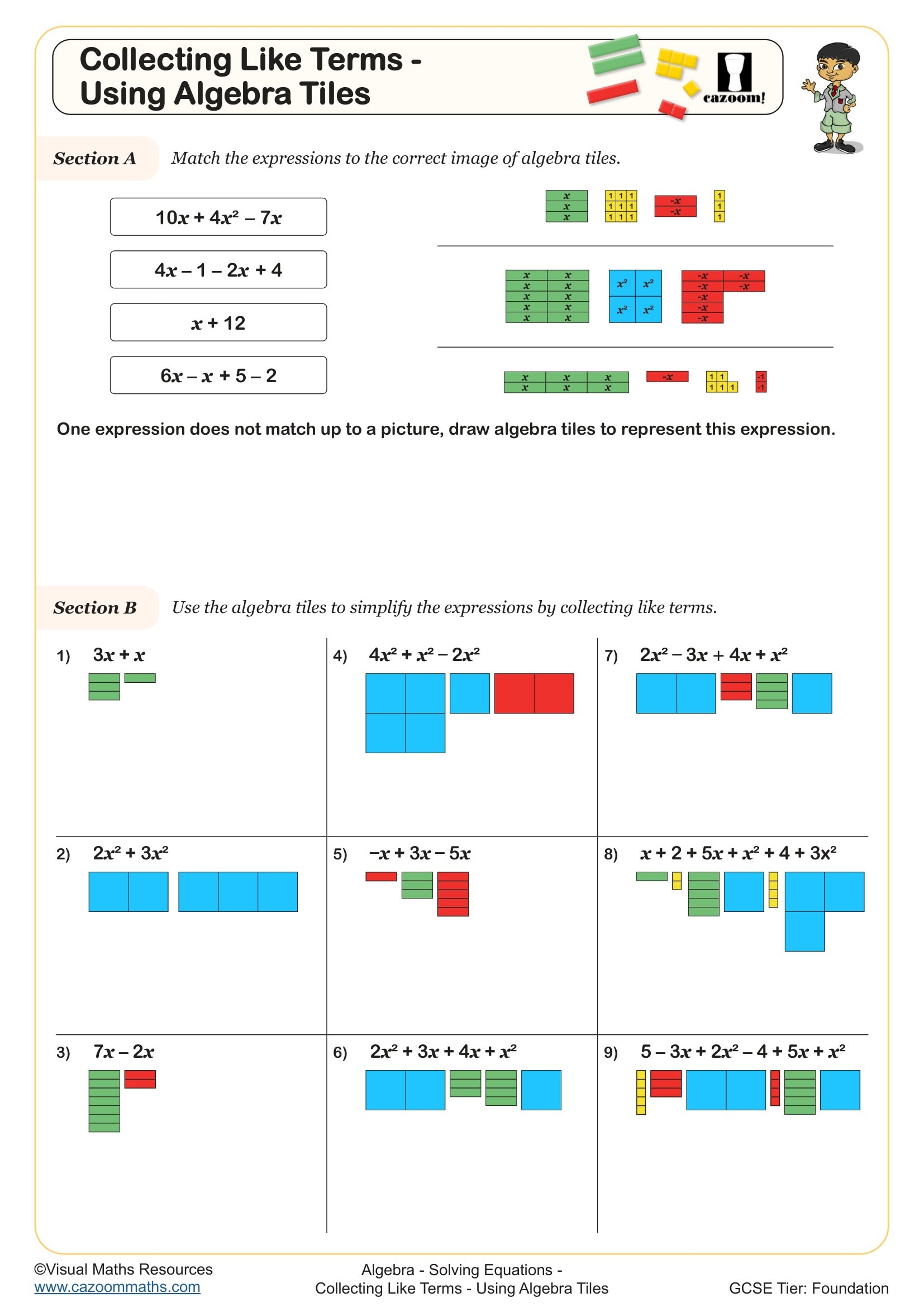 Collecting Like Terms Using Algebra Tiles Worksheet Printable PDF Year 7 And 8 Algebra Worksheet