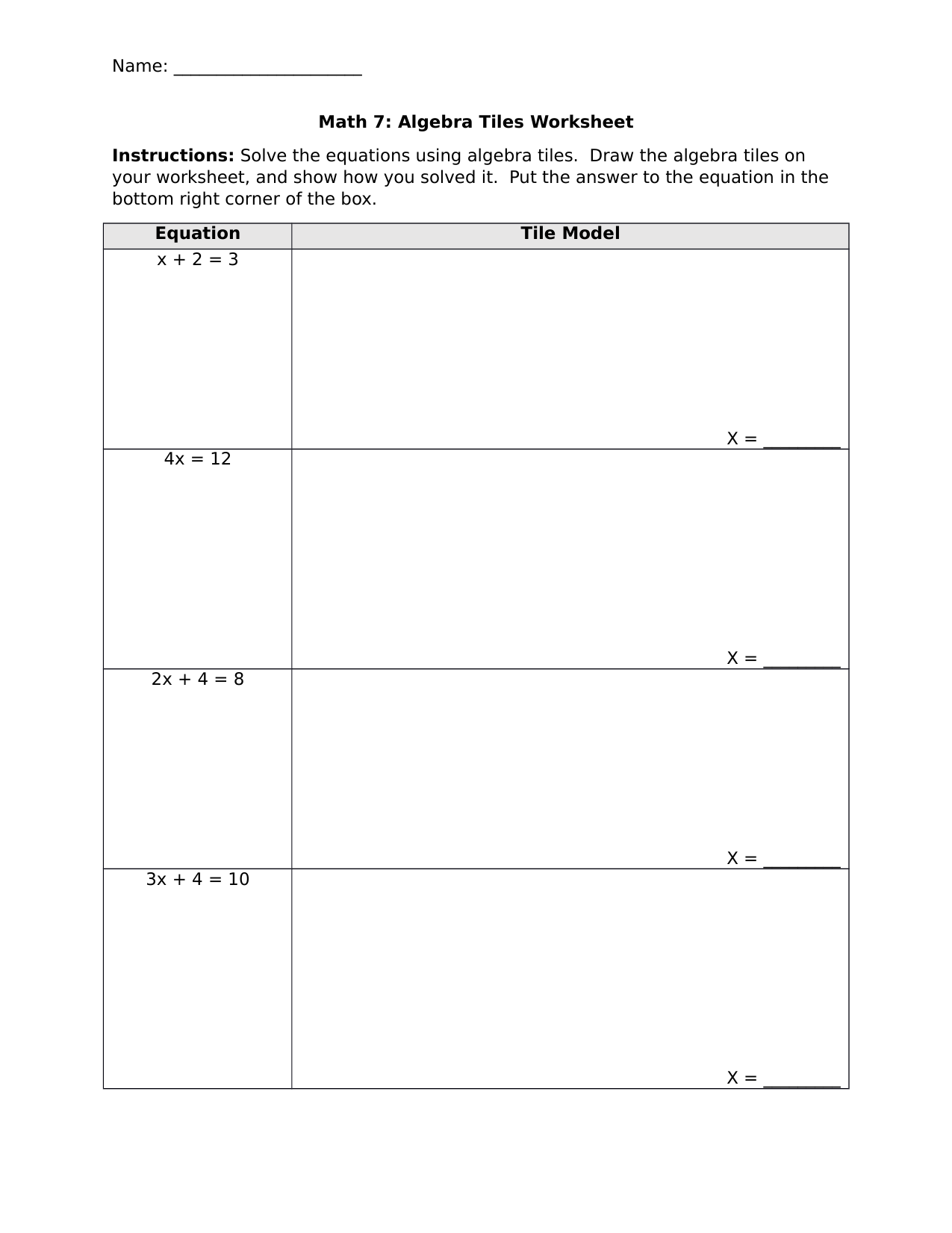 Math 7 Algebra Tiles Worksheet By Vnickel Ninja Plans