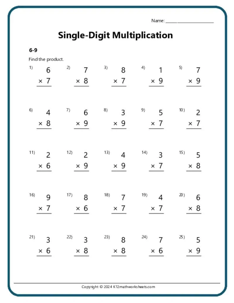 Single Digit Multiplication Worksheets