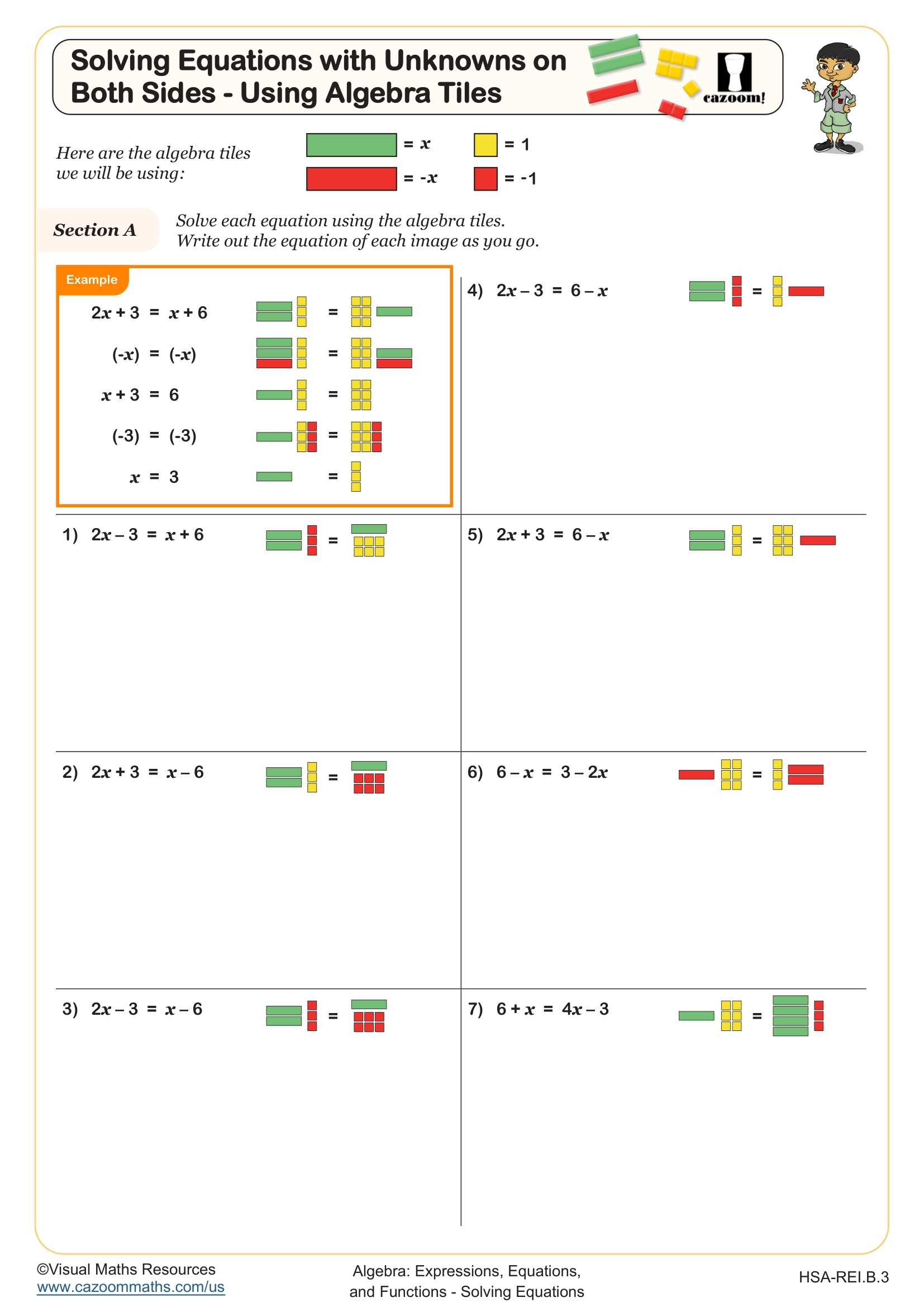 Solving Equations With Unknowns On Both Sides Using Algebra Tiles Worksheet Fun And Engaging High School Algebra Worksheet