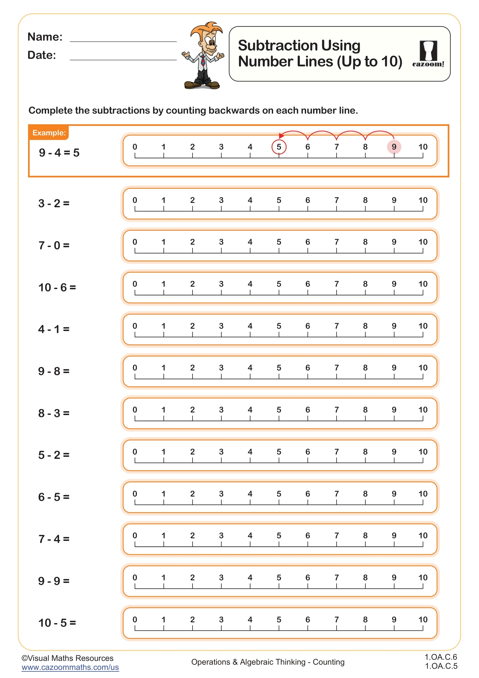 Subtraction Using Number Lines Up To 10 Worksheet Fun And Engaging 1st Grade Operations Algebraic Thinking Worksheet